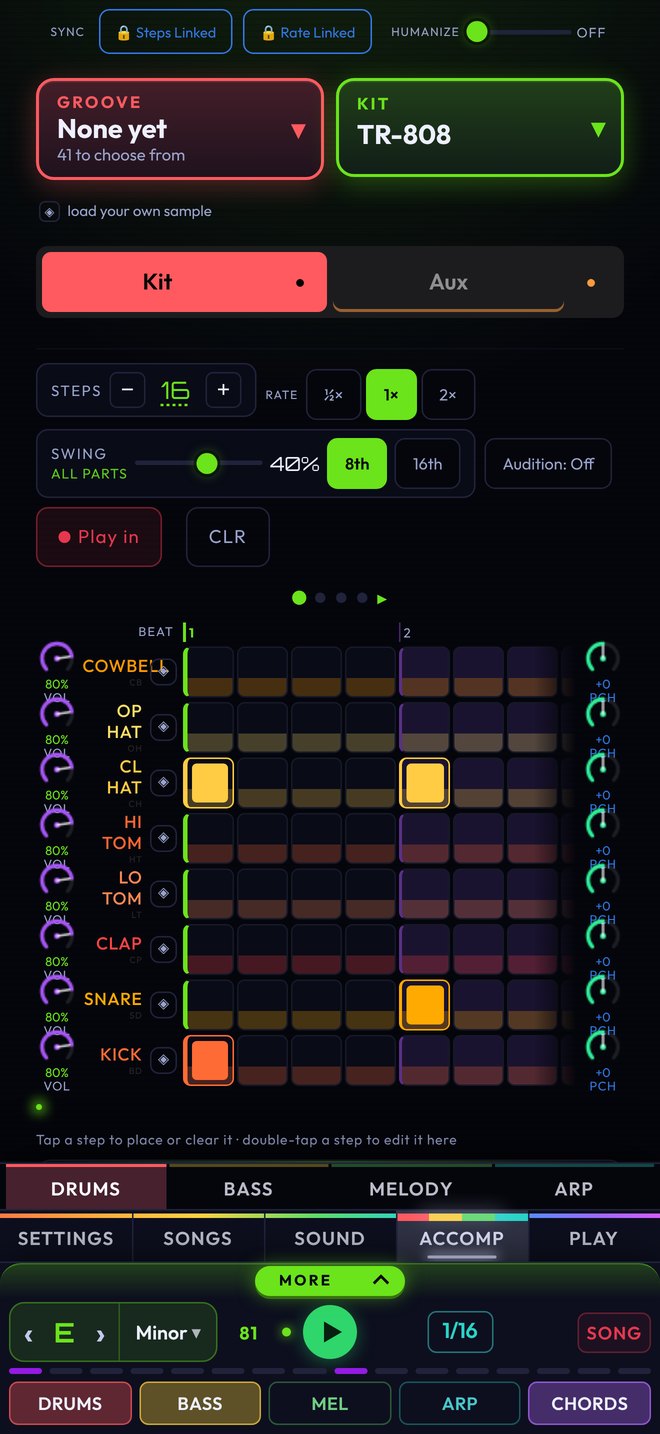 The Accomp tab: a drum pattern on the step sequencer