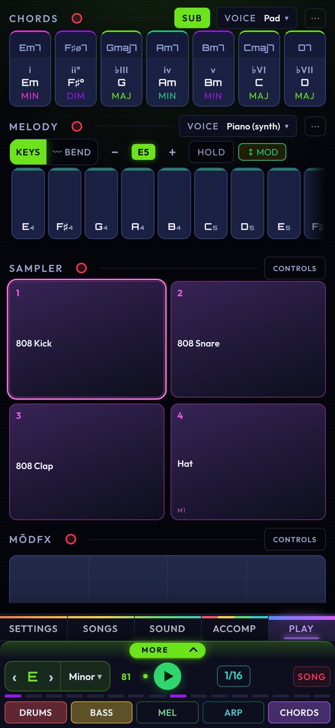 The Play tab: coloured chord pads, a melody keyboard and a sampler