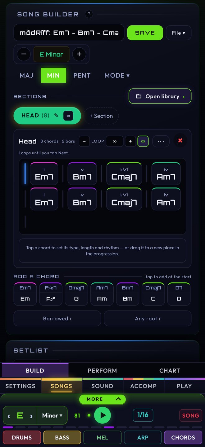 The Songs tab: a song with a chord progression