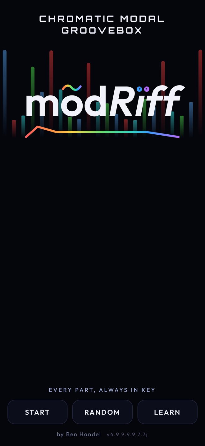 The mõdRïff splash screen: the wordmark over a spectrum of coloured level bars